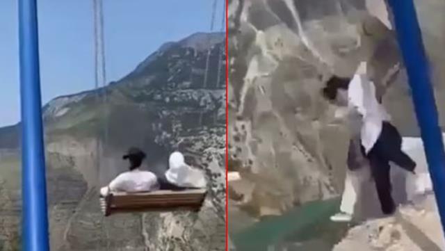 Rusya’da iki kadının uçurumun kenarında salıncaktan düştüğü anlar kaydedildi